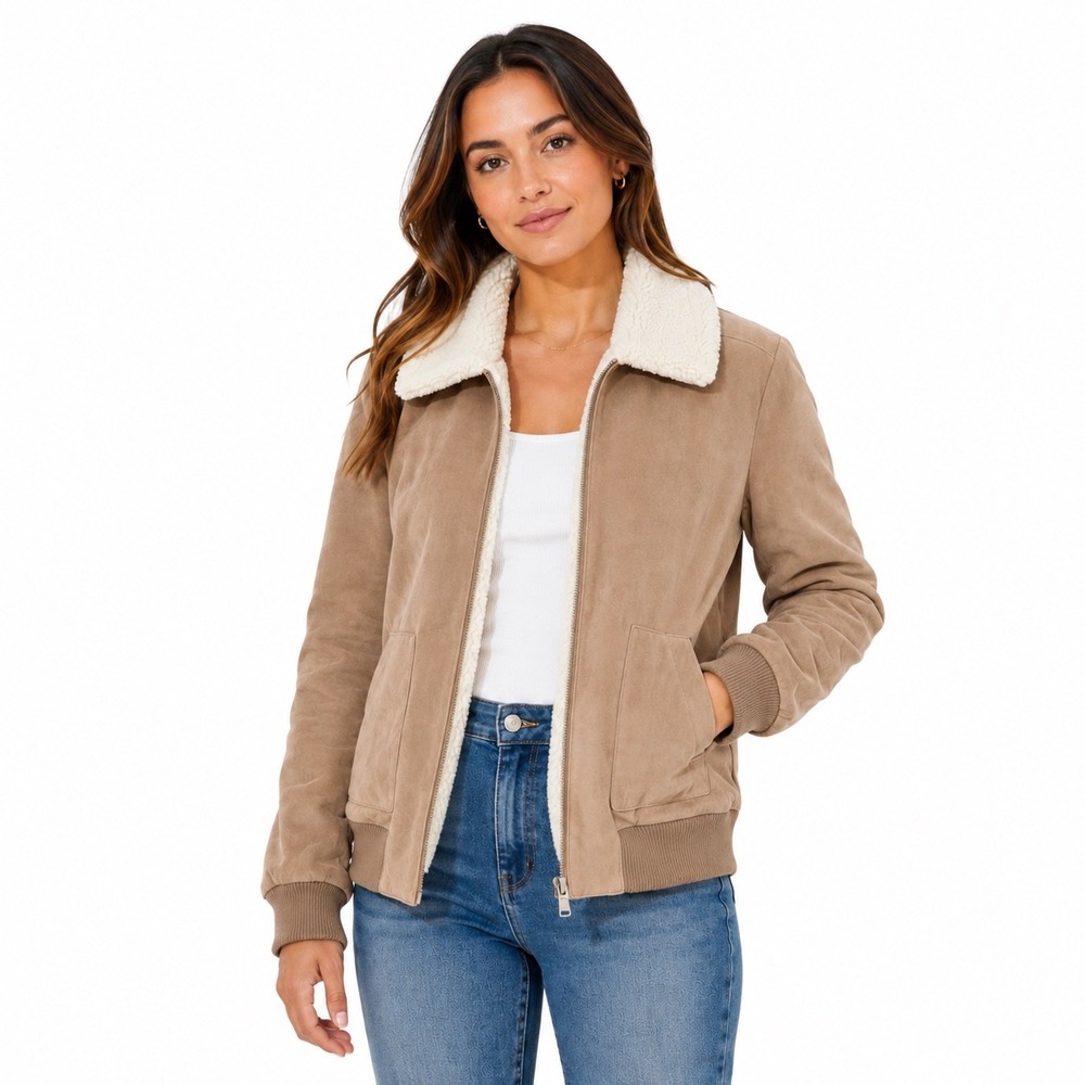 Democracy Large Faux Suede Sherpa Lined Warm Bomber Jacket Tan Large